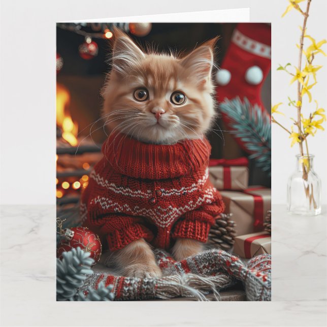 Carte Chat angora turc avec cheminée de cadeaux de Noël  (Fleur jaune)