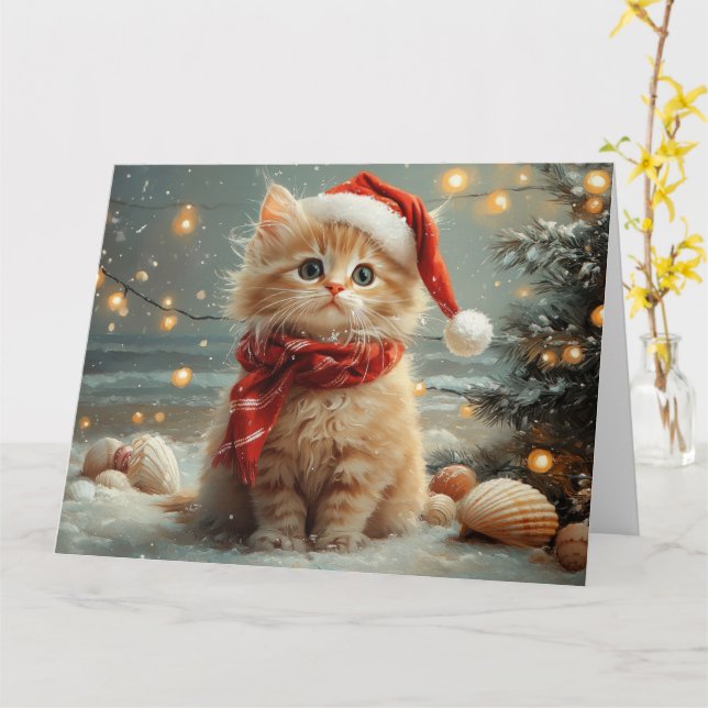 Carte Chat angora turc de Noël Plage vintage (Fleur jaune)