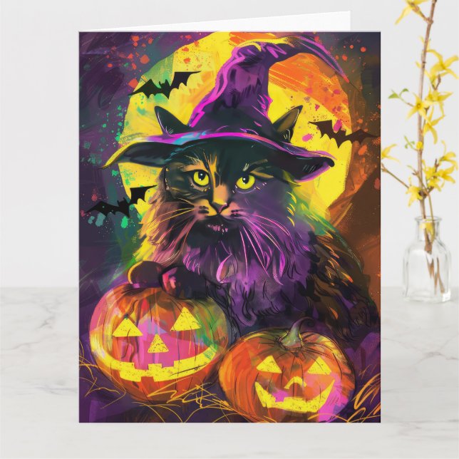 Carte Chat angora turc effrayant Halloween Sorcière Citr (Fleur jaune)