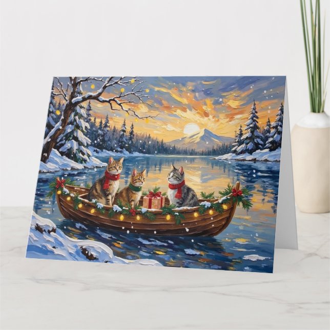 Carte Chat angora turc Noël Bateau Fêtes (Devant)