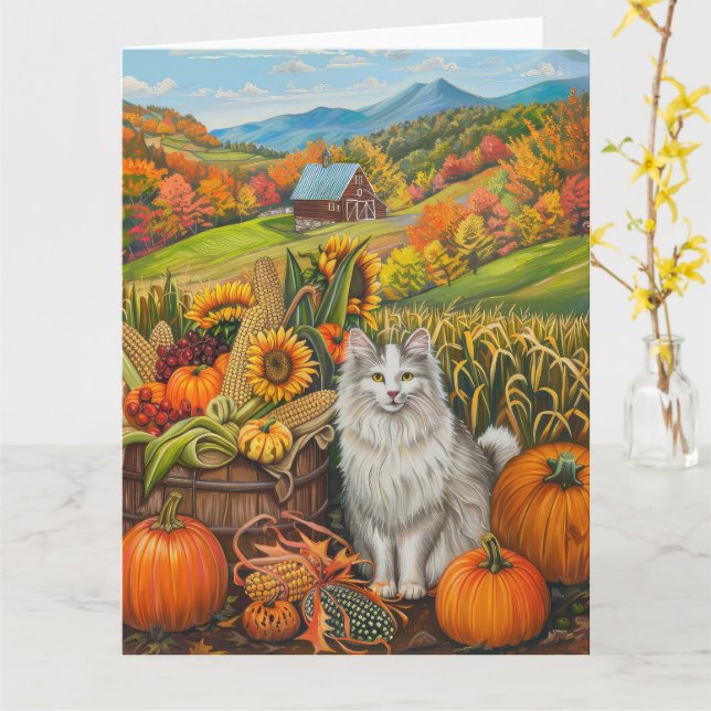 Carte Chat angora turc, récolte d'automne, action de grâ (Fleur jaune)
