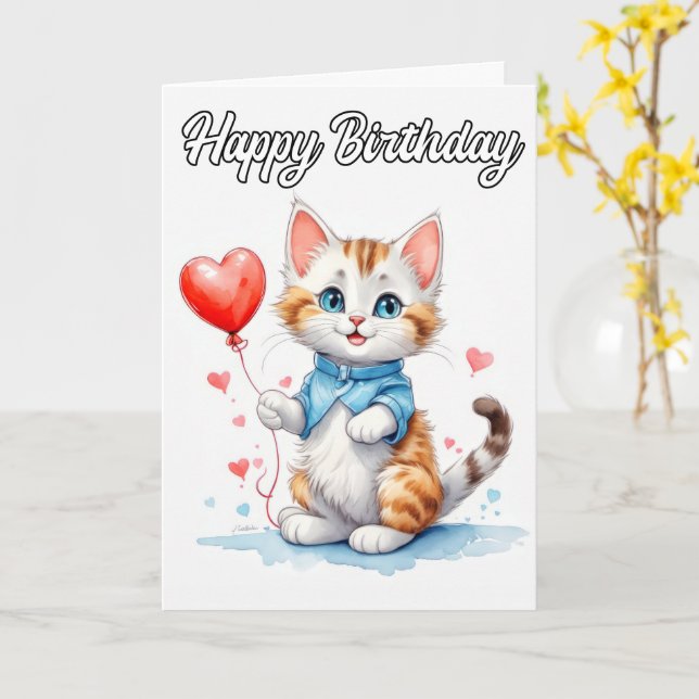 Carte Chat Animal de Fête Kitty Cat Joyeux Anniversaire (Fleur jaune)