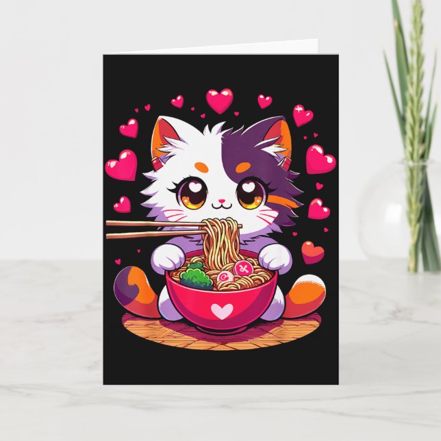 Carte Chat Anime Mangeant Des Nouilles Ramen Avec Des Cœ (Devant)
