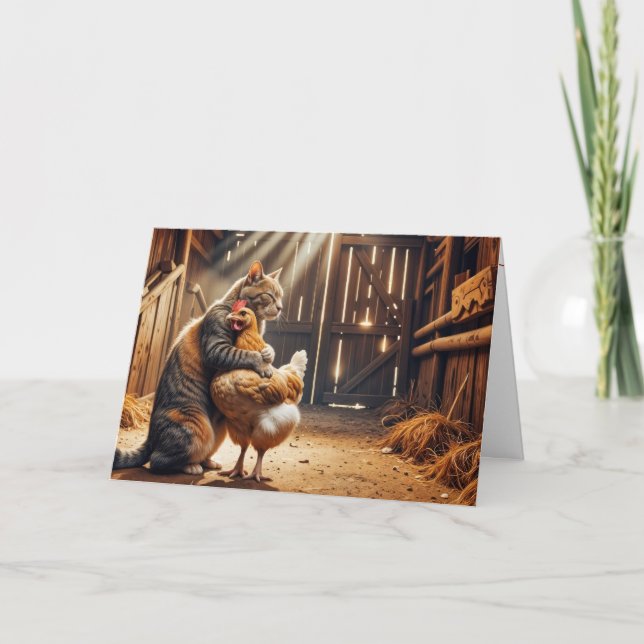 Carte Chat Anniversaire Embrasser un poulet de la ferme (Devant)