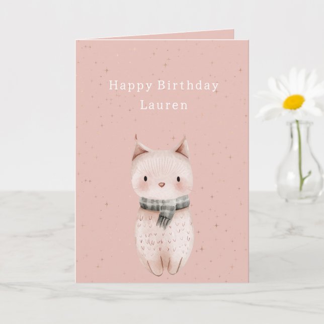 Carte Chat anniversaire rose pâle  (Petite plante)