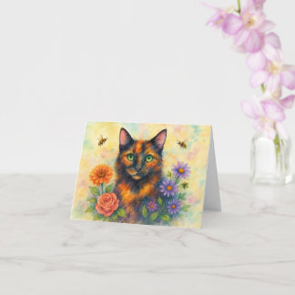Carte Chat aquarelle avec fleurs
