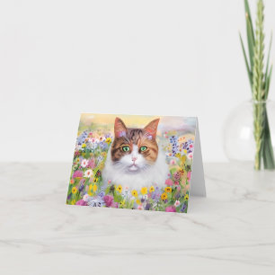 Carte Chat aquarelle et fleurs sauvages personnalisables