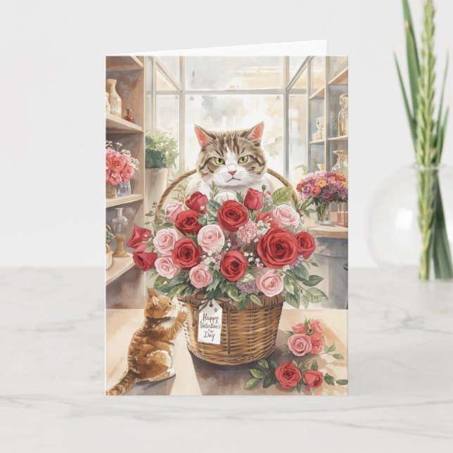 Carte Chat arrangeant des roses dans un panier pour la S (Devant)