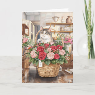 Carte Chat arrangeant un bouquet de roses pour la Saint-