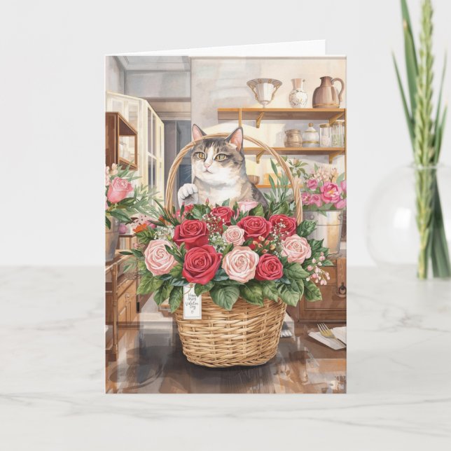 Carte Chat arrangeant un bouquet de roses pour la Saint- (Devant)