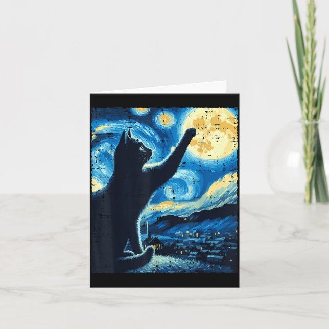 Carte Chat Atteignant Lune Nuit Étoilée Drôle Chatons Ho (Devant)