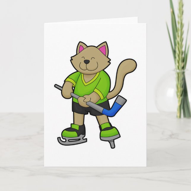 Carte Chat au hockey sur glace avec bâton de hockey (Devant)