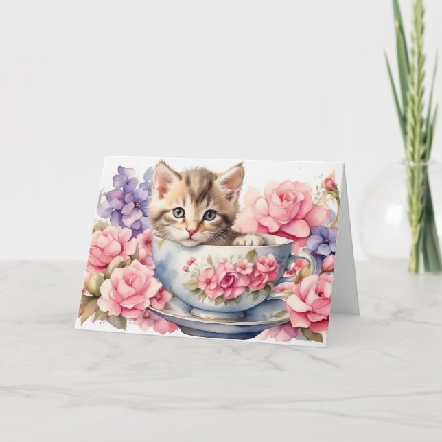Carte Chat au lavis dans une tasse de thé avec des fleur (Devant)