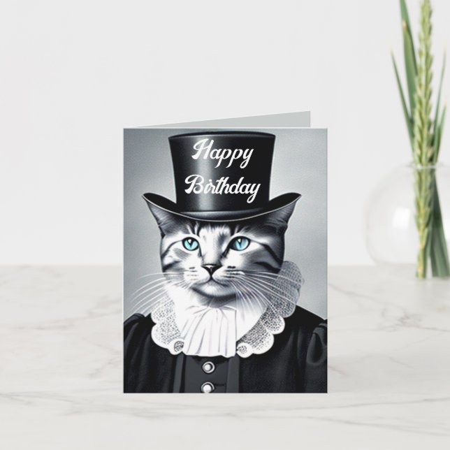 Carte Chat aux yeux bleus avec un chapeau haut-de-forme  (Devant)