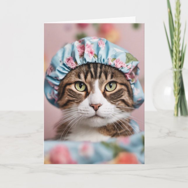 Carte Chat avec bonnet de douche d'anniversaire (Devant)