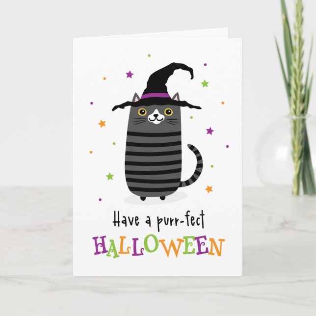 Carte Chat avec casquette sorcier Avoir une Halloween pu (Devant)