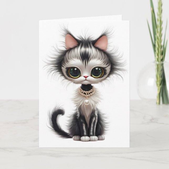 Carte Chat Avec Collier De Perle Anniversaire (Devant)