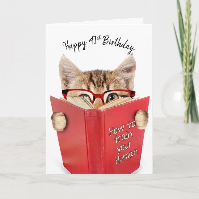 Carte Chat avec lunettes et livre rouge 41e anniversaire (Devant)