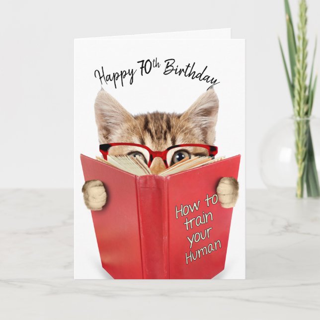 Carte Chat avec lunettes et livre rouge 70e anniversaire (Devant)