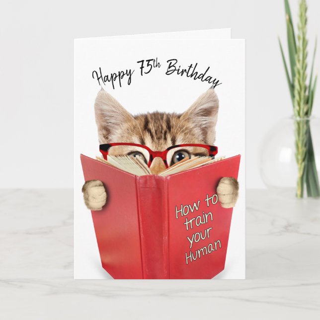 Carte Chat avec lunettes et livre rouge 75e anniversaire (Devant)