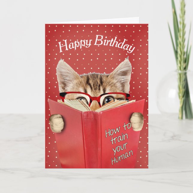 Carte Chat avec lunettes et livre rouge Anniversaire (Devant)