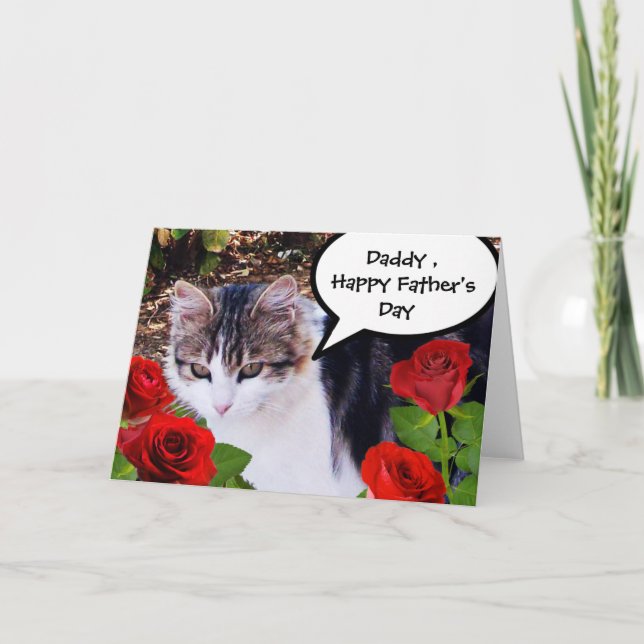 CARTE CHAT AVEC ROSES ROUGES, FÊTE DES PÈRES (Devant)