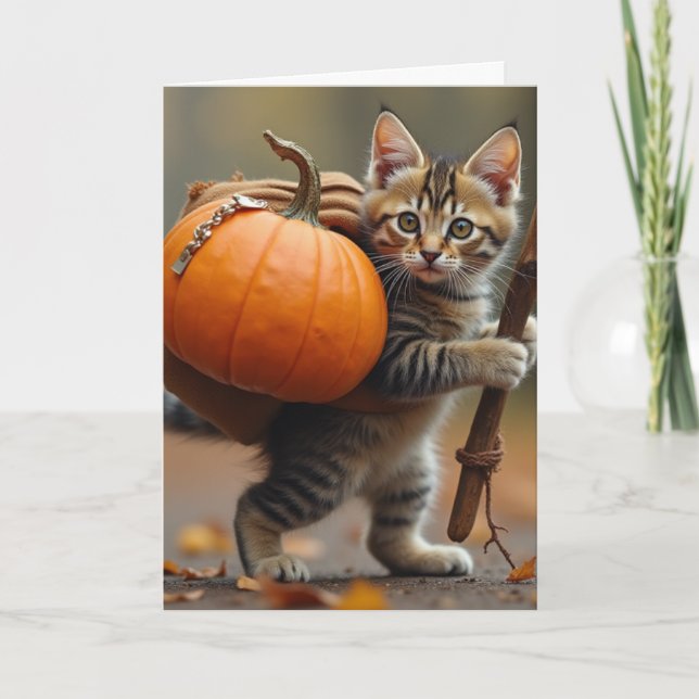 Carte Chat avec sac à dos citrouille (Devant)