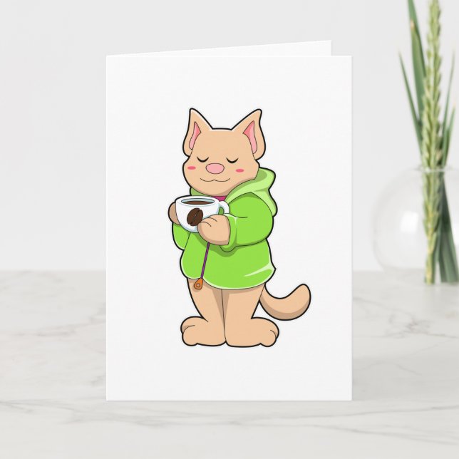 Carte Chat avec tasse de café et pyjama (Devant)