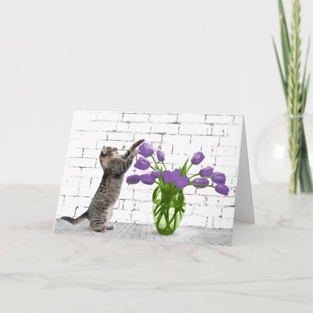 Carte Chat avec tulipe pourpre (Devant)