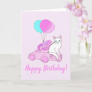 Carte Chat avec une voiture rose et des ballons