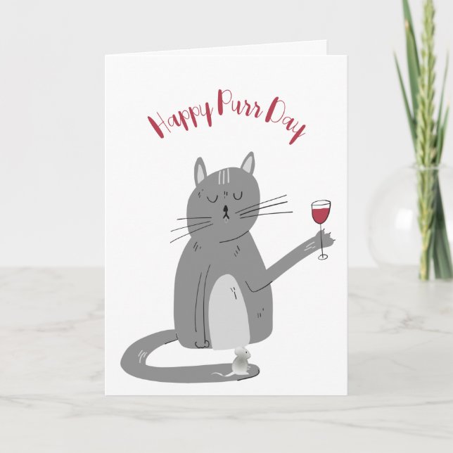 Carte Chat avec Vin Verre Anniversaire (Devant)