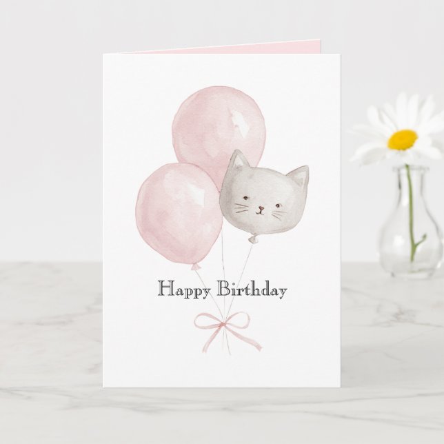 Carte Chat Ballons Roses Anniversaire (Petite plante)