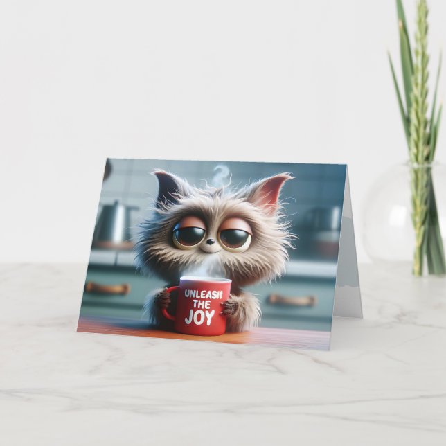 Carte Chat Belle Anniversaire Avec Mug De Café Rouge (Devant)