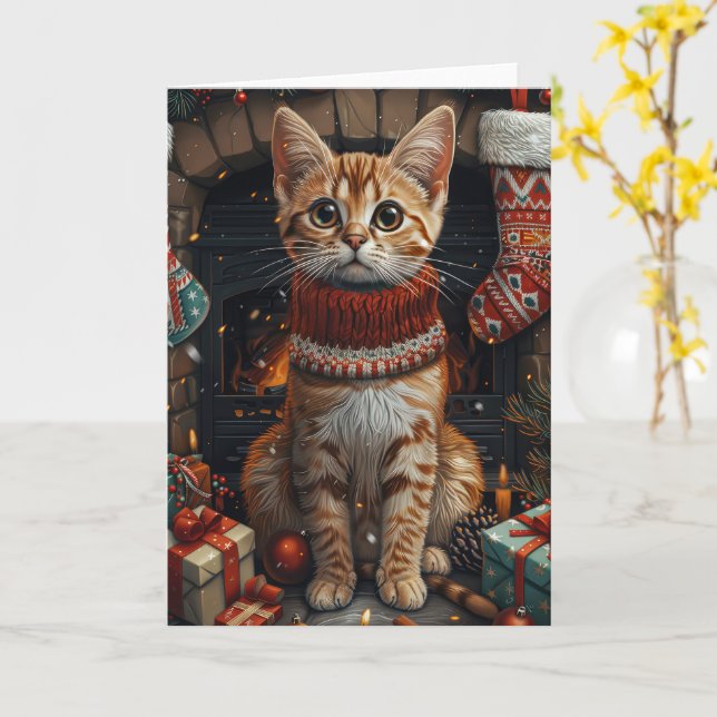 Carte Chat Bengal Avec Cadeaux De Noël Cheminée (Fleur jaune)