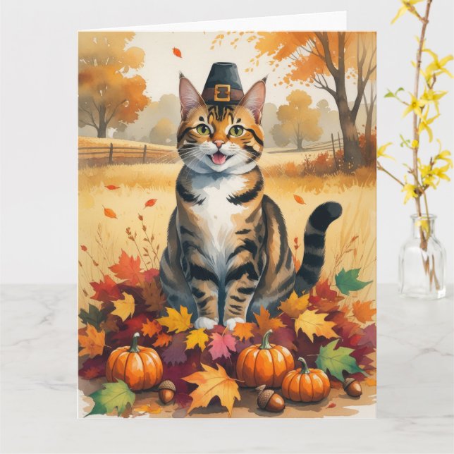 Carte Chat Bengal dans l'art de Thanksgiving aux feuille (Fleur jaune)