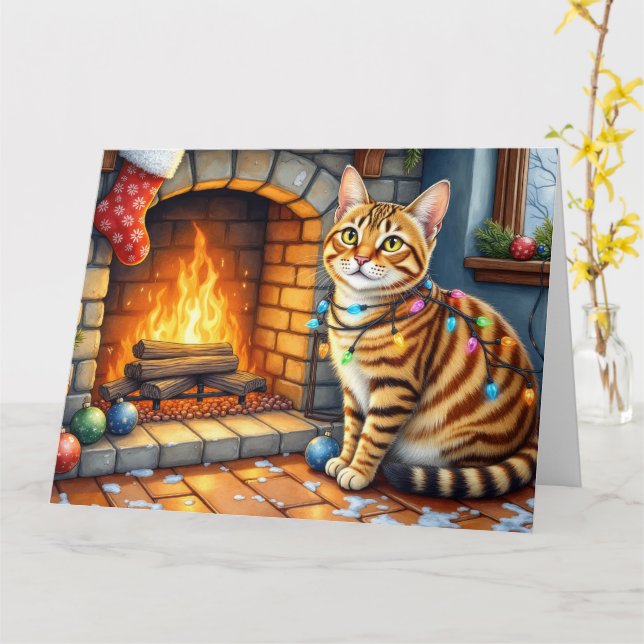 Carte Chat Bengal devant une cheminée avec des lumières  (Fleur jaune)