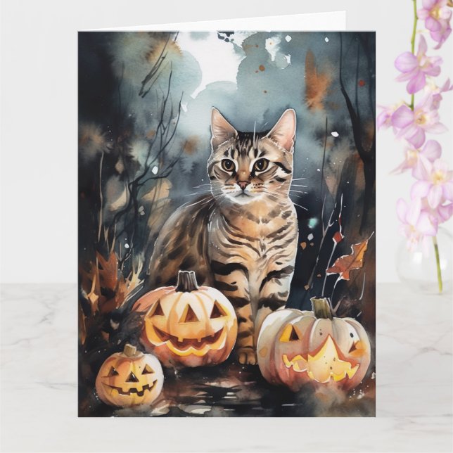 Carte Chat Bengal d'Halloween avec citrouilles effrayant (Orchidée)