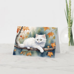 Carte Chat Blanc À L'Automne Feuilles Anniversaire