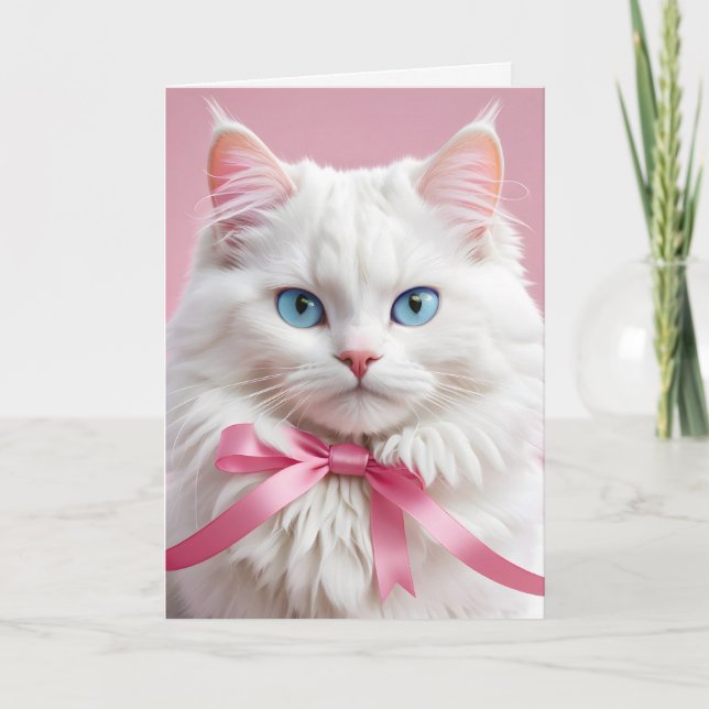 Carte Chat Blanc Anniversaire Avec Bow (Devant)