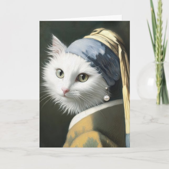 Carte Chat Blanc Anniversaire Avec Peinture À La Perle (Devant)