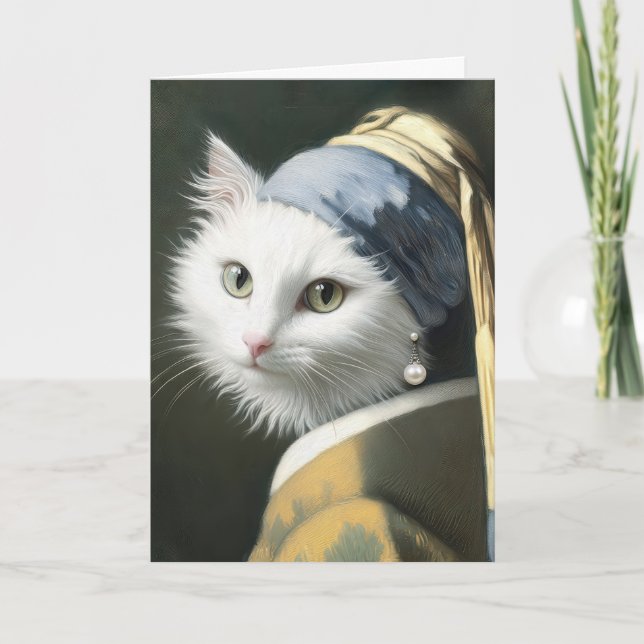 Carte Chat Blanc Anniversaire Avec Peinture À La Perle (Devant)