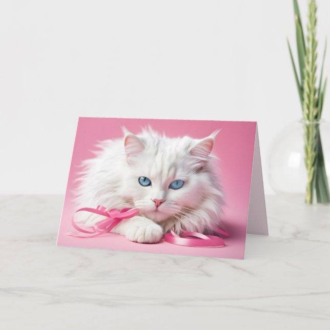 Carte Chat Blanc Anniversaire Avec Rubans (Devant)