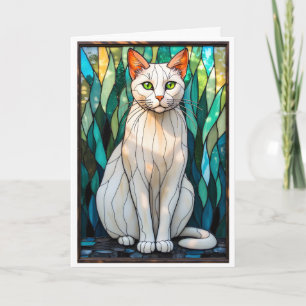 Carte Chat blanc aux yeux verts de style vitrail
