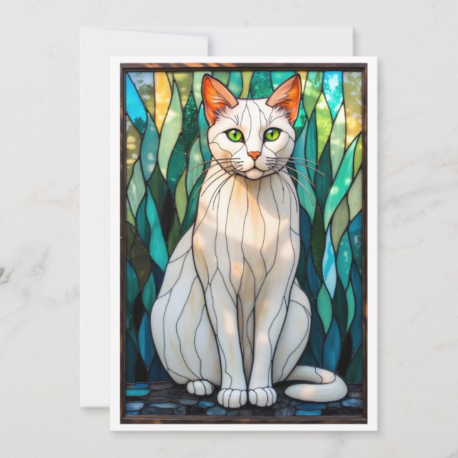 Carte Chat Blanc aux Yeux Verts de Style Vitrail (Devant)