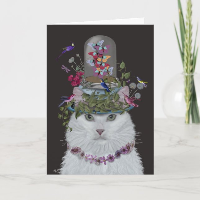 Carte Chat blanc avec cloche papillon (Devant)
