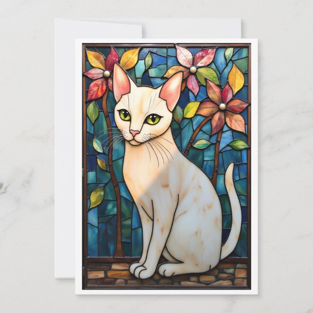 Carte Chat blanc avec fleurs à plat de style vitrail (Devant)