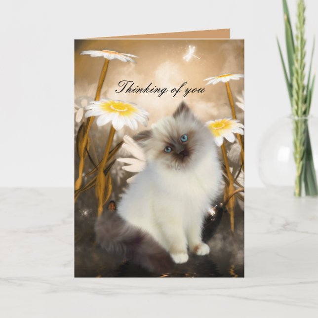 Carte Chat Blanc Chatons Fleurs "En pensant à vous (Devant)