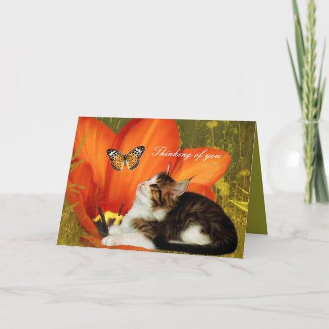 Carte Chat Blanc Chatons Fleurs "En pensant à vous (Devant)