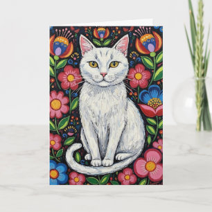Carte Chat blanc dans des fleurs d'art populaire colorée