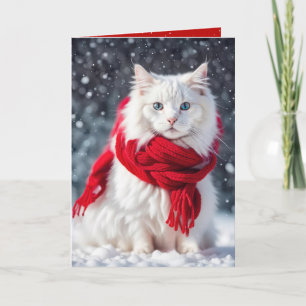 Carte Chat blanc de Noël avec Écharpe rouge